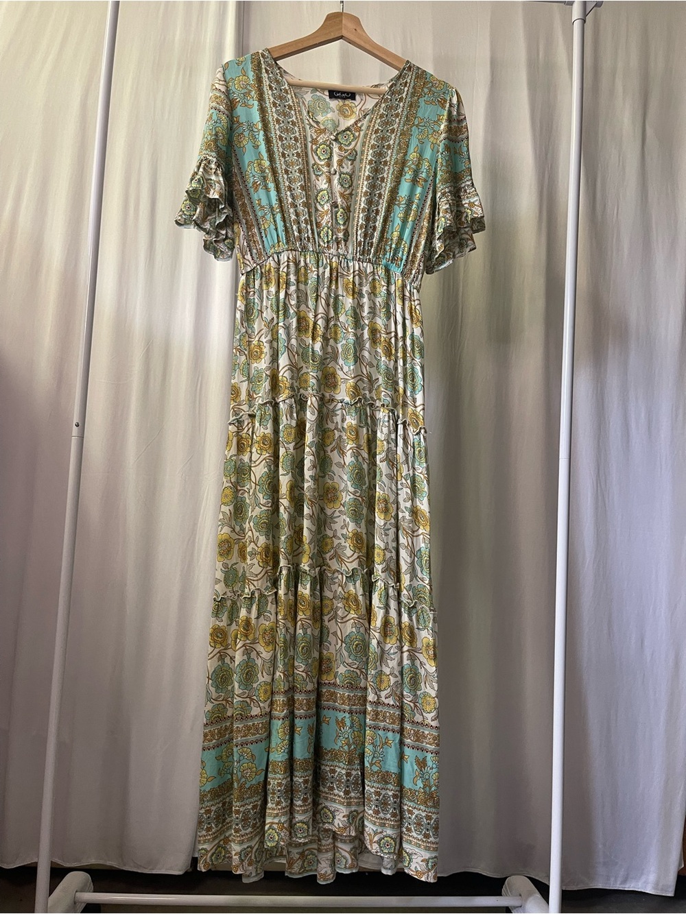 Boho Tiered Maxi Dress in Sage Green & Cream - Picture 2 of 5